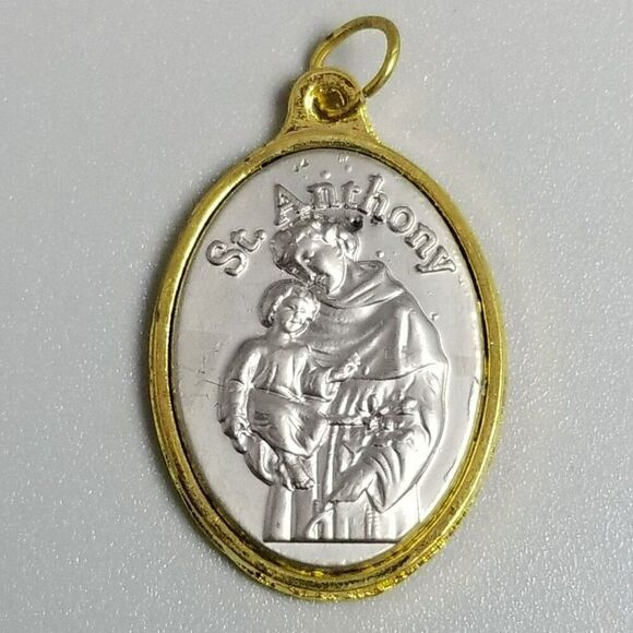 Vintage Saint Anthony Pendant Charm Medallion, Gold Tone Silver Tone, Estate - Picture 1 of 7